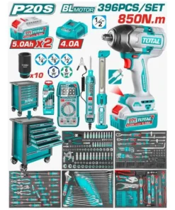 Mesa Carro Rodante Gabinete Organizador Metálico Rodante 7 Cajones Con Ruedas Para Taller Mecánico + Llave de Impacto a Batería Inalámbrica 20V Motor Brushless 850Nm + 396 Herramientas Total Verde THPTCS83962-4 NOVEDAD!