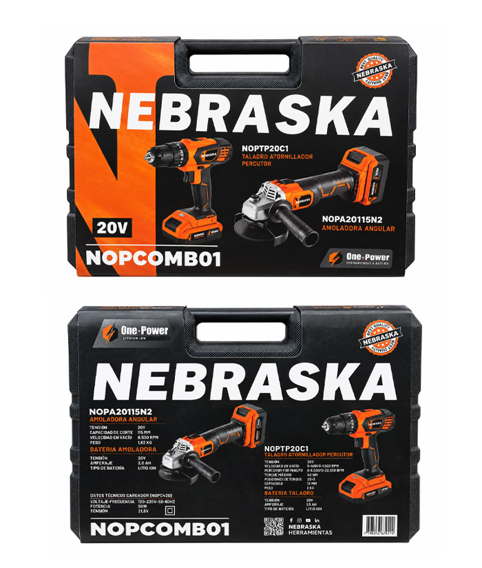 Combo Juego Set Kit Amoladora Angular 115mm + Taladro Atornillador Con Percutor a Batería Inalámbrico 13mm 20V 40Nm + 2 Baterías + Cargador + Maletín Nebraska Naranja/Negro NOPCOMB01 - Imagen 3