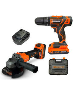 Combo Juego Set Kit Amoladora Angular 115mm + Taladro Atornillador Con Percutor a Batería Inalámbrico 13mm 20V 40Nm + 2 Baterías + Cargador + Maletín Nebraska Naranja/Negro NOPCOMB01