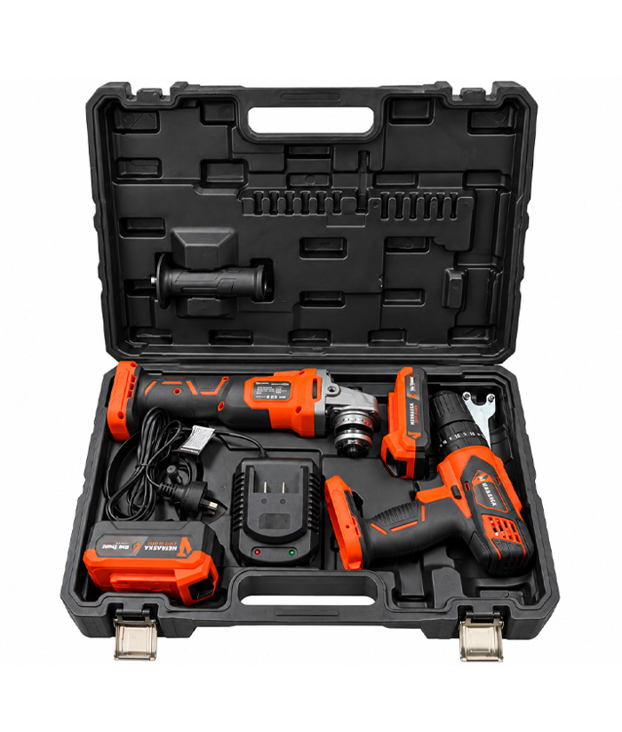 Combo Juego Set Kit Amoladora Angular 115mm + Taladro Atornillador Con Percutor a Batería Inalámbrico 13mm 20V 40Nm + 2 Baterías + Cargador + Maletín Nebraska Naranja/Negro NOPCOMB01 - Imagen 2