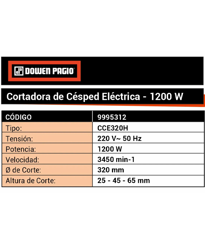 Cortadora de Pasto Césped Eléctrica 1200W 320mm Con Bolsa 3 Niveles Dowen Pagio Naranja/Negro CCE320H 9995312 - Imagen 4