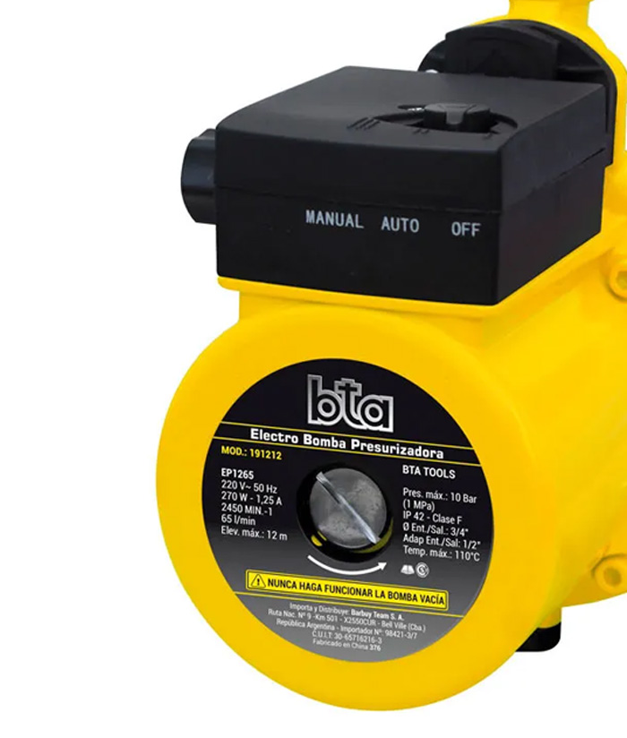 Bomba Electrobomba Presurizadora 10 BAR 270W 12 metros 65 l/min BTA 191212 - Imagen 2