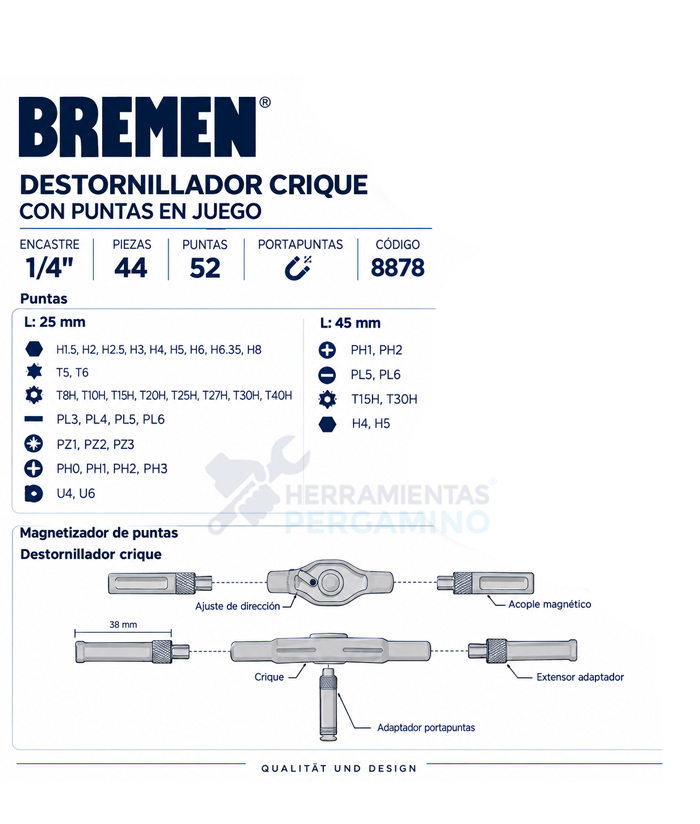 Juego Set Kit de Puntas y Destornillador En T Desmontable con Crique 3 en 1 Encastre 1/4" 44 piezas Bremen 8878 - Imagen 2