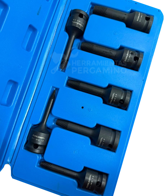 Juego Set Kit Extractores de Tornillos Rotos Quebrados De Impacto Tipo Espiral Espárragos Bulones Encastre 1/2" Para Llave de Impacto Rosca Izquierda Ruhlmann RU43383 - Imagen 2