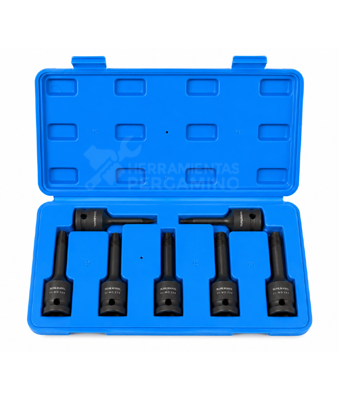 Juego Set Kit Extractores de Tornillos Rotos Quebrados De Impacto Tipo Espiral Espárragos Bulones Encastre 1/2" Para Llave de Impacto Rosca Izquierda Ruhlmann RU43383