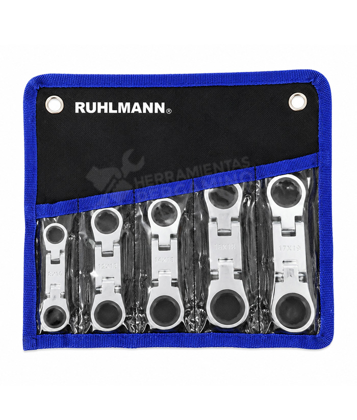 Juego Set Kit de Llaves Combinadas Cortas Con Crique Dobles Articuladas 180° Flexibles 5 Piezas Ruhlmann RU5354