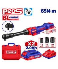 Llave Crique A Batería Inalámbrica Extensible Largo Alcance Encastre 3/8" 65 NM 20V + 2 Baterías + Cargador + Maletín Emtop EDRL2065292