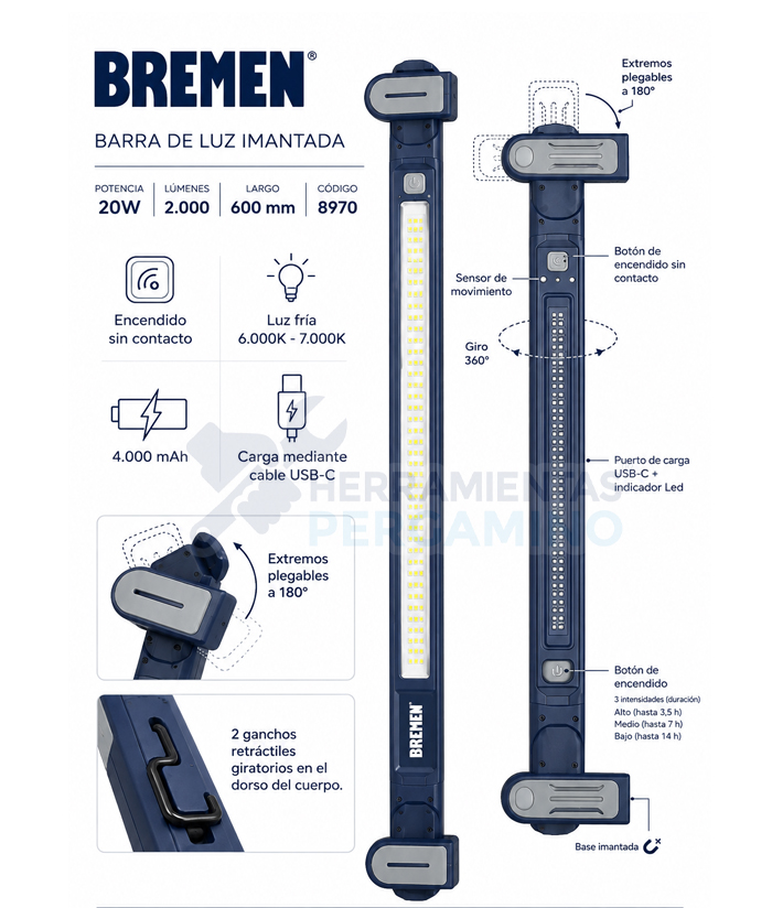 Linterna Lámpara Luz Led Mecánica de Trabajo Barra Imantada Con Imán 600mm Con Sensor de Movimiento Articulada Reflector Plegable Bremen 8970 - Imagen 2
