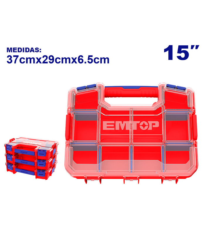 Maletín Organizador De Plástico Transparente Apilable Encastrable 15" 370 X 290 X 65 mm Con Divisiones Emtop EPBX1511