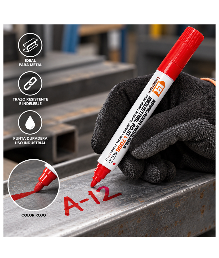 Marcador Indeleble Industrial Rojo Para Toda Superficie Lusqtoff L7036 - Imagen 2