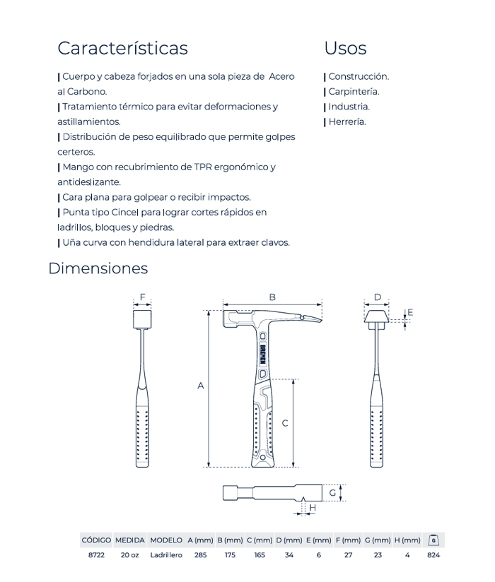 Martillo Ladrillero Monopieza 560 gramos 20 Oz Bremen 8722 - Imagen 3