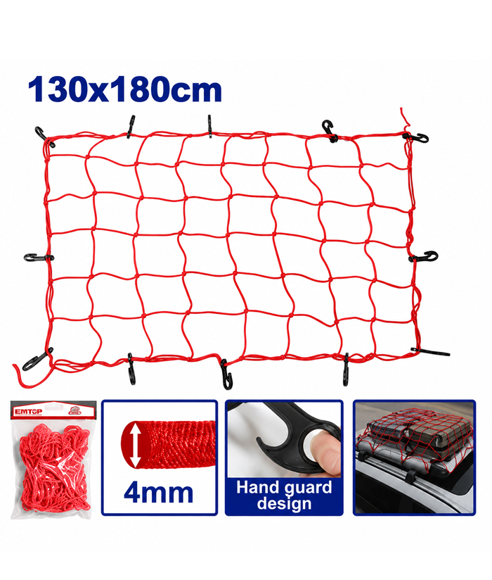 Red Pulpo Tensor Soga Elástica Atabultos Para Cargas 130 x 180cm Con Ganchos Metálicos Cuerda Emtop EMXLW1E13