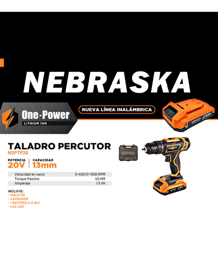 Taladro Atornillador Con Percutor a Batería Inalámbrico 13mm 20V 40Nm + Batería + Cargador + Maletín Nebraska Naranja/Negro NOPTP20 - Imagen 6