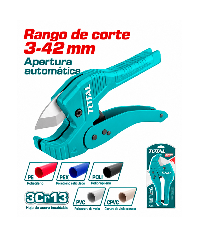 Tijera Corta Caños Tubos Tuberías Ajustable 3 – 42mm Total XTAIT2250 Celeste