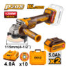 Amoladora Angular a Batería Inalámbrica 115mm 20V Brushless Motor 1200W + 2 Baterías 5.0Ah Amper + Cargador + Discos + Maletín Plástico Ingco Naranja/Amarillo CAGLI2211532-4