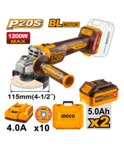 Amoladora Angular a Batería Inalámbrica 115mm 20V Brushless Motor 1200W + 2 Baterías 5.0Ah Amper + Cargador + Discos + Maletín Plástico Ingco Naranja/Amarillo CAGLI2211532-4