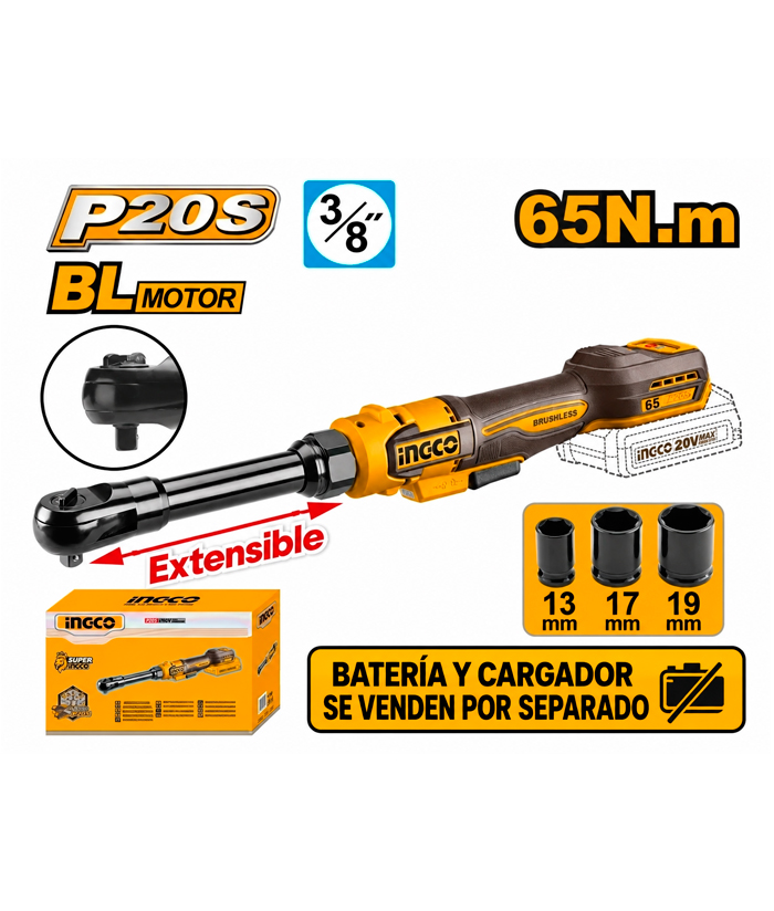 Llave Crique A Batería Inalámbrica Extensible Largo Alcance Encastre 3/8" 65 NM 20V Ingco CDRLI206529