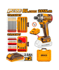 Atornillador De Impacto Inalámbrico a Batería 20V 285 NM + 2 Batería + Cargador + 51 Accesorios Ingco Naranja/Amarillo COSLI250784-4