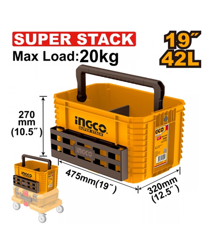Cesta Caja Abierta Cajón Canasto Apilable Encastrable Abierto Apilable Porta Herramientas De Plástico 19" Ingco PBXS104
