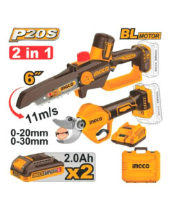 Combo Jardín 2 en 1 Mini Motosierra 6" 20V + Tijera De Poda 20V A Batería Inalámbrico + Cargador + 2 Batería 2.0Ah Ingco Naranja/Amarrillo COSLI250795-4