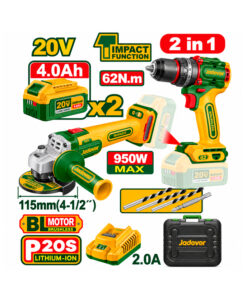 Combo Taladro Atornillador Percutor Inalámbrico 62Nm 20V + Amoladora Angular Inalámbrica 115mm 20V + 2 Baterías 4Ah Amper + Cargador + Maletín Jadever JDCK20273-4