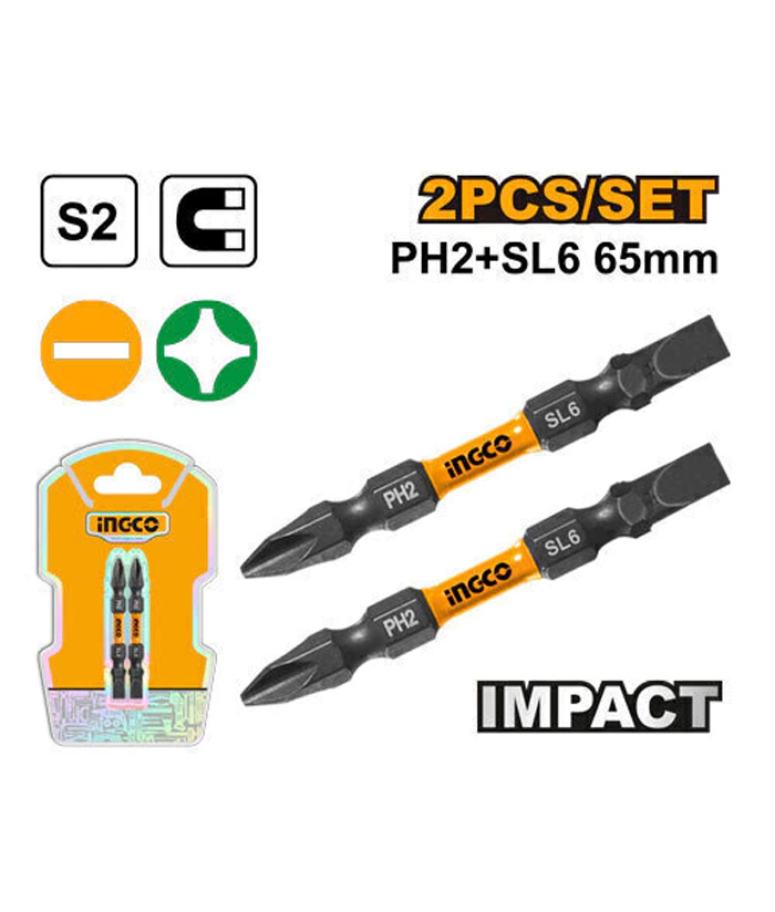 Juego Set Kit de Puntas Dobles de Impacto Para Taladro Atornillador Magneticas PH2 + SL6 Phillips Planas x 65mm Blister x2 Industrial SDBIM72HL665