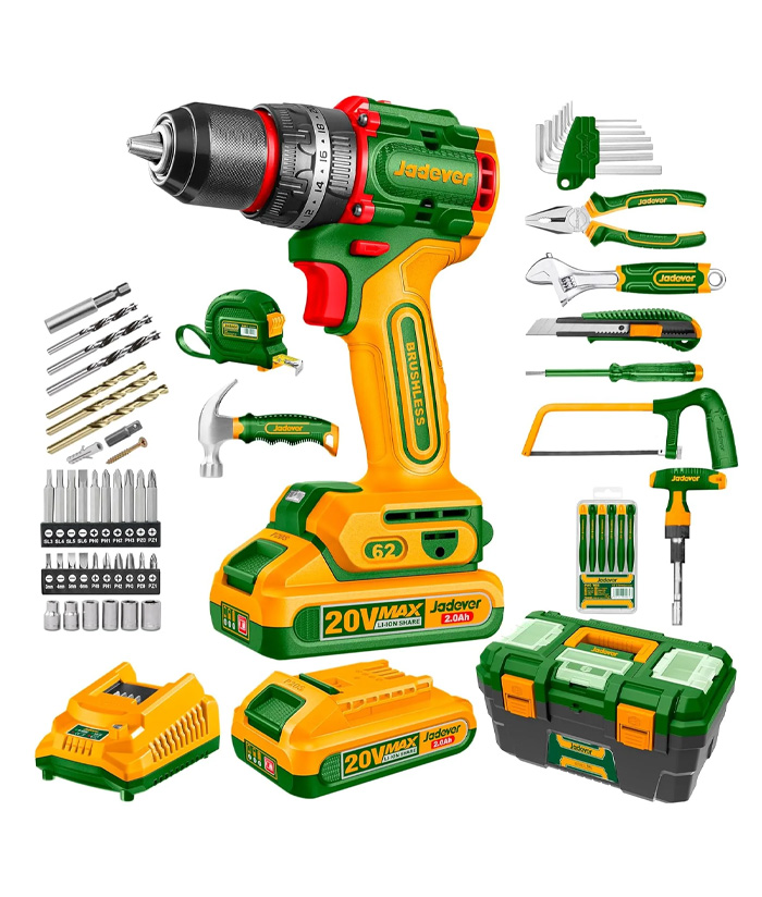 Juego Set Kit Taladro Atornillador Con Percutor A Batería 62Nm Motor Brushless Sin Carbones + Batería + Cargador + Caja de Herramientas 119 piezas Jadever JDDT4B119-4 Amarillo/Verde - Imagen 2