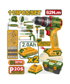Juego Set Kit Taladro Atornillador Con Percutor A Batería 62Nm Motor Brushless Sin Carbones + Batería + Cargador + Caja de Herramientas 119 piezas Jadever JDDT4B119-4 Amarillo/Verde