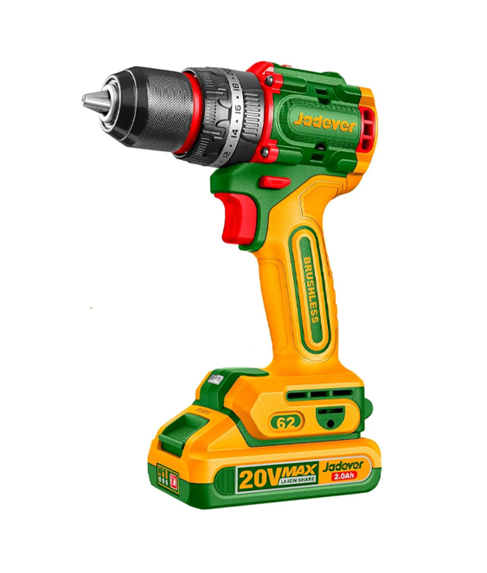 Juego Set Kit Taladro Atornillador Con Percutor A Batería 62Nm Motor Brushless Sin Carbones + Batería + Cargador + Caja de Herramientas 119 piezas Jadever JDDT4B119-4 Amarillo/Verde - Imagen 4