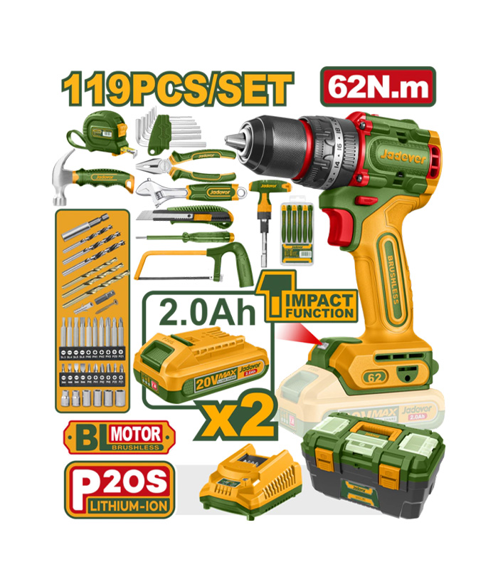 Juego Set Kit Taladro Atornillador Con Percutor A Batería 62Nm Motor Brushless Sin Carbones + Batería + Cargador + Caja de Herramientas 119 piezas Jadever JDDT4B119-4 Amarillo/Verde