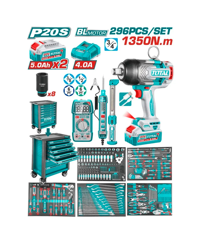 Mesa Carro Gabinete Organizador Rodante 7 Cajones Para Taller + Llave Impacto A Batería Inalámbrica 20V Motor Brushless 1350nm + 296 Herramientas Total UTHPTCS82962 NUEVO MODELO