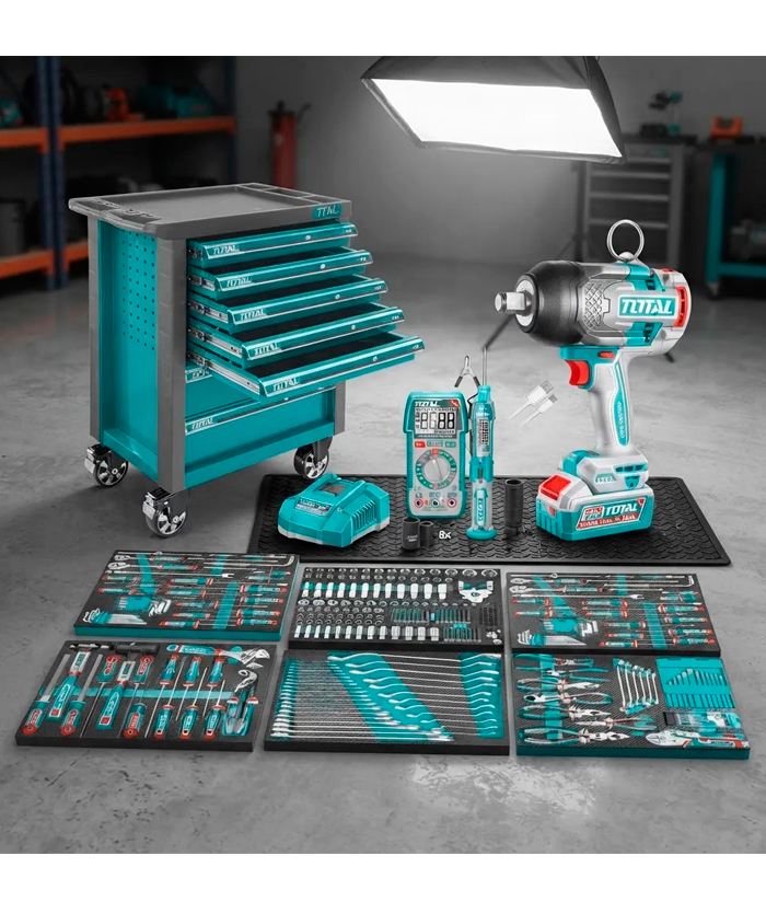 Mesa Carro Gabinete Organizador Rodante 7 Cajones Para Taller + Llave Impacto A Batería Inalámbrica 20V Motor Brushless 1350nm + 296 Herramientas Total UTHPTCS82962 NUEVO MODELO - Imagen 2