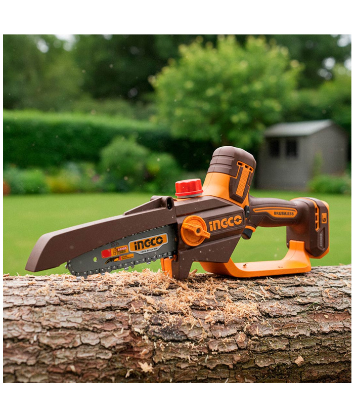 Mini Motosierra Electrosierra a Batería Inalámbrica 6" 150mm 20V Motor Brushless en KIT + Batería + Cargador + Maletín Ingco Naranja/Amarillo CGSLI2056 - Imagen 3