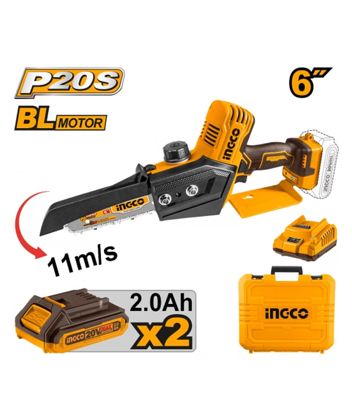 Mini Motosierra Electrosierra a Batería Inalámbrica 6" 150mm 20V Motor Brushless en KIT + Batería + Cargador + Maletín Ingco Naranja/Amarillo CGSLI2056