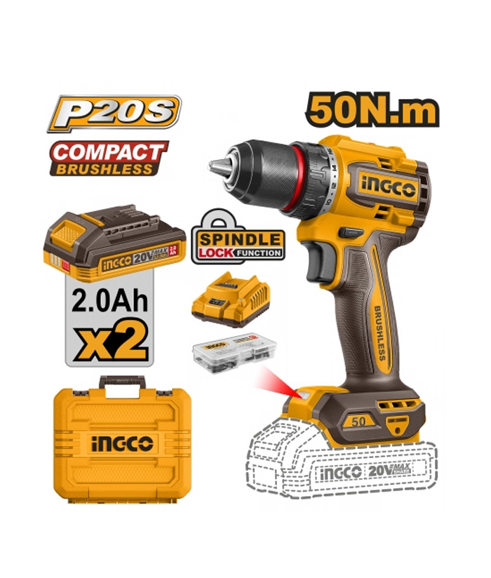 Taladro Atornillador 50Nm Compacto A Batería Inalámbrico 20V Motor Sin Carbones Brushless Ingco Naranja/Amarillo CDLI205062-4