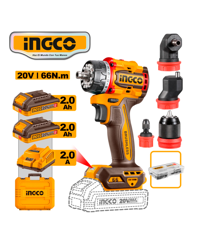 Taladro Atornillador Inalambrico 20V A Batería 66nm + 2 Baterias 2 ah + Cargador + 4 Cabezales Intercambiables Ingco CDLI206686-4