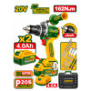 Taladro Atornillador Percutor a Batería Inalámbrica 166Nm 13mm 20V Motor Brushless + 2 Baterías 4.0Ah + Cargador 4A + Accesorios + Maletín Plástico Jadever JDCDP16281-4 Verde/Amarrillo