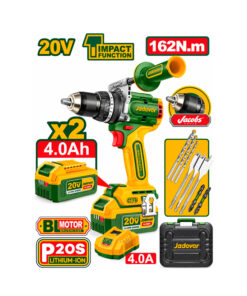Taladro Atornillador Percutor a Batería Inalámbrica 166Nm 13mm 20V Motor Brushless + 2 Baterías 4.0Ah + Cargador 4A + Accesorios + Maletín Plástico Jadever JDCDP16281-4 Verde/Amarrillo