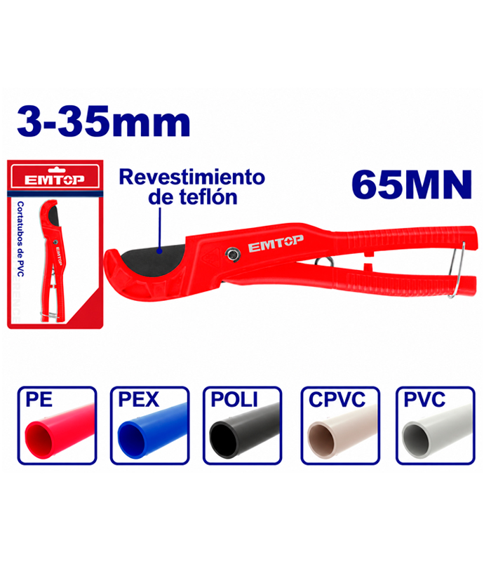 Tijera de Aluminio Corta Tubos PVC 3-35mm Emtop Roja EMPC54636