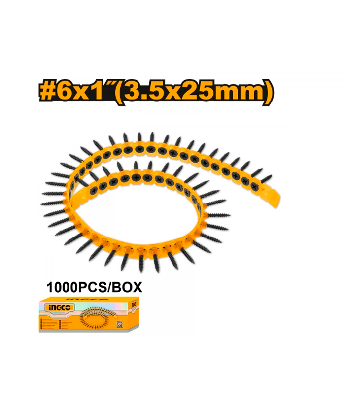 Tornillos en Tira T2 6" x 1" T2 - 3.5mm x 25mm x 1000 UNID. Para Alimentador Automático Atornillador Drywall Durlock Jadever JDCDS2088 Compatibles con Tornillos SG Bosch para MA 55 Ingco ANA19251
